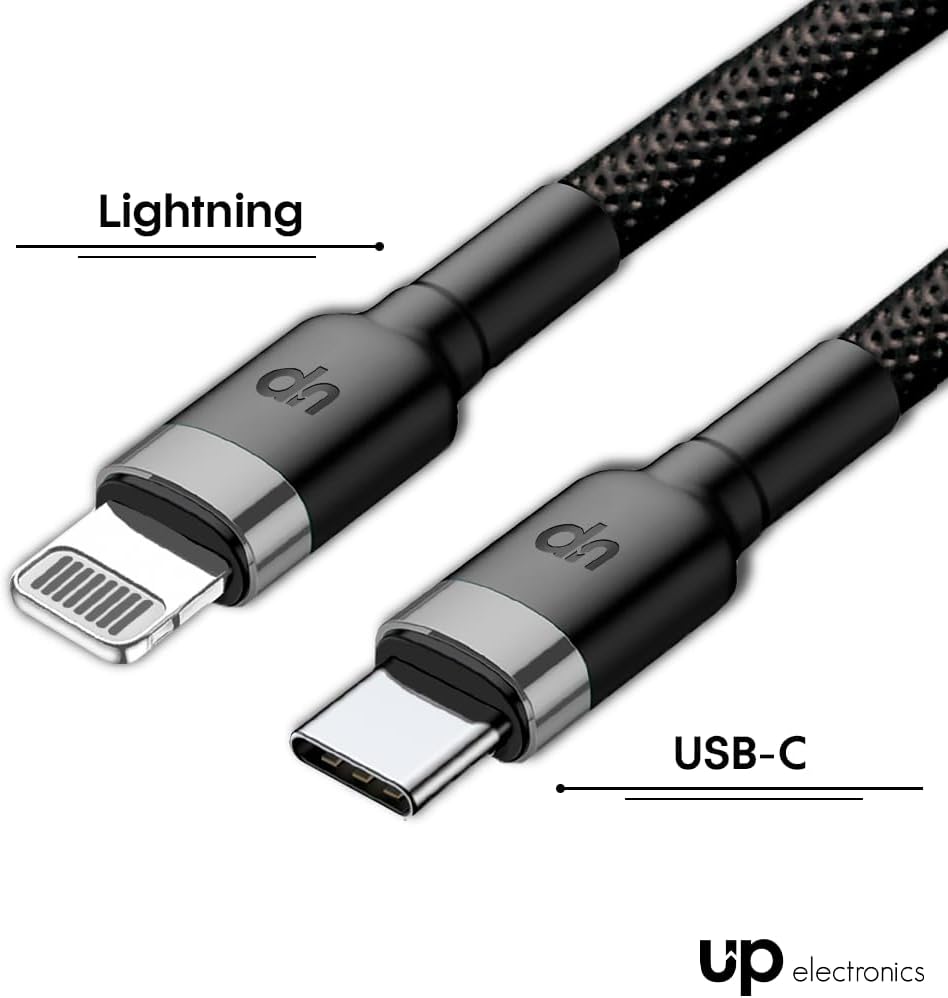 Cabo Lightning/USB-C 2 Metros - UP Electronics, Carregamento Rápido, Acabamento Premium e Transferência de Dados – Preto