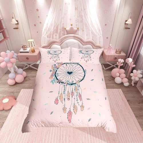 Homemissing Ensemble De Housse De Couette Filles Rose 3 Pièces 200 X 200 Cm Housse Couette Attrape Rêves Enfants Femmes Bohème Fleurs Feuilles Ensemble...