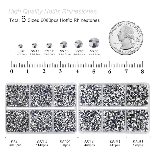 Image of BEADSLAND Hotfix Rhinestones, 6080PCS Silver Rhinestones for Clothes Crafts Mixed 6 Sizes with Wax Pencil and Tweezers Kit, SS6-SS30, Silver Hematite
