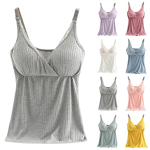 Image of Binmer Nursing Cami Tank Tops for Breastfeeding Women with Built in Bra Sleeveless V Neck Camisole Soft Comfy Pregnant Shirts A-Gray