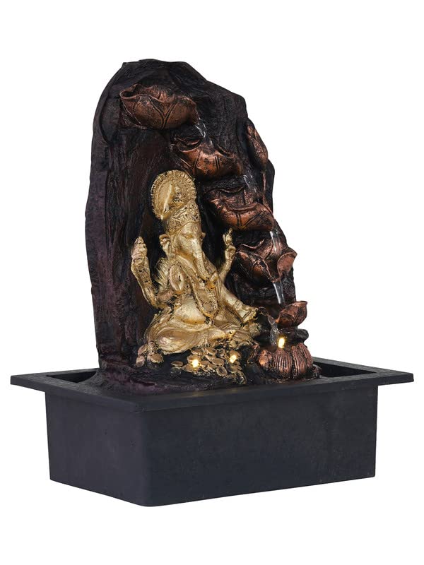 Image of Polyresin Chocolate Colour Ganesha Table Top Indoor Waterfall Fountain for Home Decor with LED Lights, Speed Controller Pump & Crystal Ball (Size: 25.5 x 21 x 18.5CM | Wt: 1145grm)