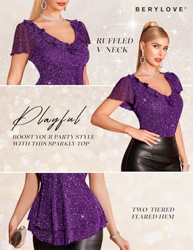 BeryLove Women's Sparkly Sequin Tops Short Sleeve Glitter Casual Summer V-Neck Ruffle Top3