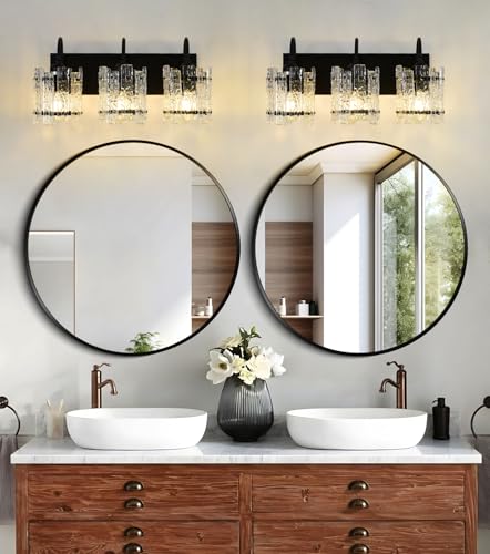 Image of Black Vanity Lights for Bathroom 3 Lights with Stone Texture Round Glass Modern Bathroom Sconce Above Mirror 20in Wall Lamp for Bathroom Living Room Bedroom (Bulbs Included)