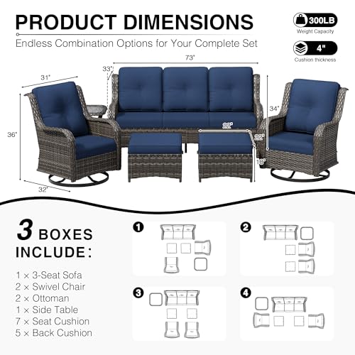Image of Joyside 6 Piece Wicker Patio Furniture Set, Outdoor Swivel Rocker Patio Chairs with High Back, Deep Seating, Wide Armrest, Thickened Cushions, Outdoor Furniture for Deck, Porch Use