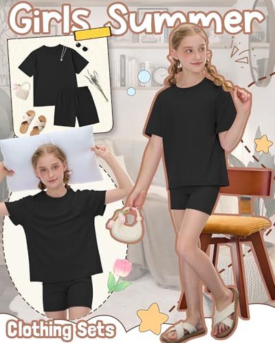 Image of Oakgarden Summer Outfits for Girls 5-14Y Athletic Casual Sets Kid Short Sleeve Shirt Bike Shorts 2 Piece Tween Trendy Clothes