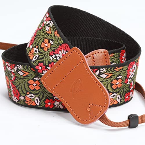 Camera Strap For All Dslr / Slr Cameras,Double Layer Cowhide Ends,2"Wide Pure Cotton Embroidered Woven Camera Strap,Adjustable Universal Neck & Shoulder Strap,Gift For Photographers（Green Flower） #TOP6