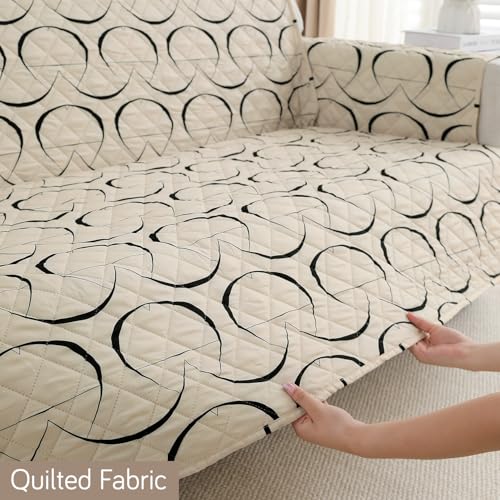 Image of HOKIPO 'Elira Series' Printed Water Repellent + Waterproof Quick Dry L Shape (3+3 Seater) Sofa Seat Cover Mat, Natural Beige Abstract Art (AR-5249-C4*2)