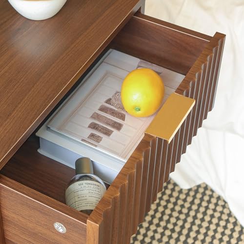 Image of Fultyle Walnut Nightstand, Modern Night Stand with Fluted Drawer and Open Storage, Wooden Bedside Table with Solid Wood Legs for Bedroom, Living Room, Office (Walnut Brown)