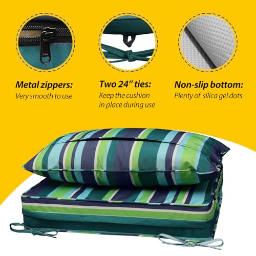 Image of AAAAAcessories Outdoor Seat Cushions for Chairs, Fade-Resistant, Waterproof Patio Furniture Replacement Cushions, 25.5 inch x 25.5 inch x 5 inch + 25.5 inch x 19 inch, Set of 2, Stormy Teal Coastal Stripe