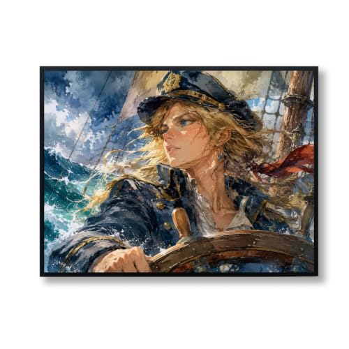 HUINORYA SHIP CAPTAIN AT HELM STORMY SEAS OCCUPATION Framed Poster Print Bar Cafe Cave Home Room Wall Bathroom Porch Patio Decor Gift, 16 x 12 Inch