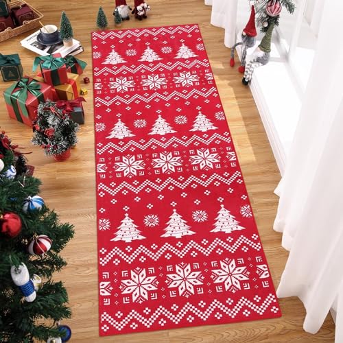 Christmas Area Rug 2x6 Washable Mats Entry Rug for Living Room Bedroom Dining Room Easy Care Indoor Floor,Red