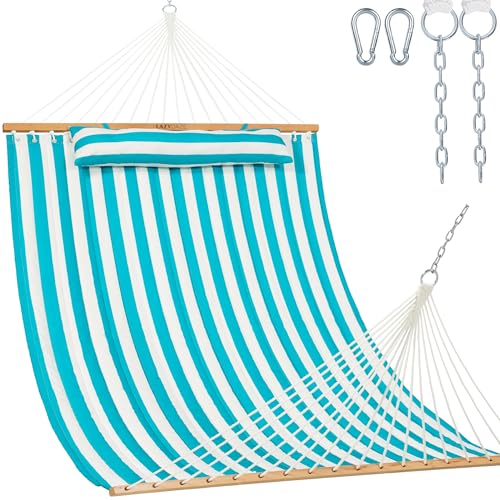 Image of Lazy Daze Hammocks 12FT Quilted Fabric Double Hammock with Spreader Bars and Detachable Pillow, 2 Person Hammock for Outdoor Patio Backyard Poolside, 450 LBS Weight Capacity, Sailor Stripe