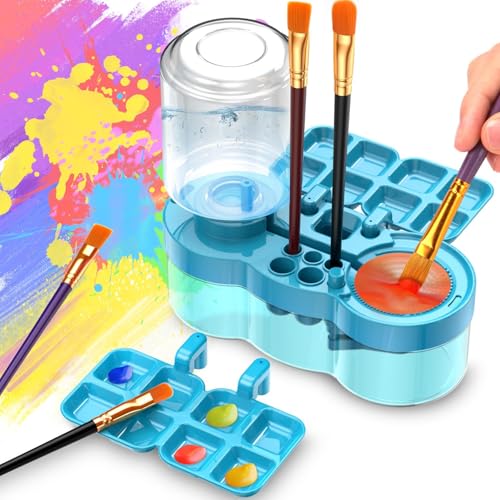 Image of Parssufy Paint Brush Cleaner with Paint Tray, 6-in-1 Water Circulation Rinser Paintbrush Cleaner with Drain & Brush Holder, Watercolor Dispenser & Paint Palette, Paint Brush Washer (Blue)