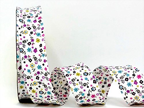 Fany Pretty Azul pálido, Morado y Rosa Flor 30 mm Blanco bies encuadernación por 2 m de Longitud (N.B. Este es un Corte de un Rollo, presentado en una Tarjeta de Lazos de Bertie's Bows)