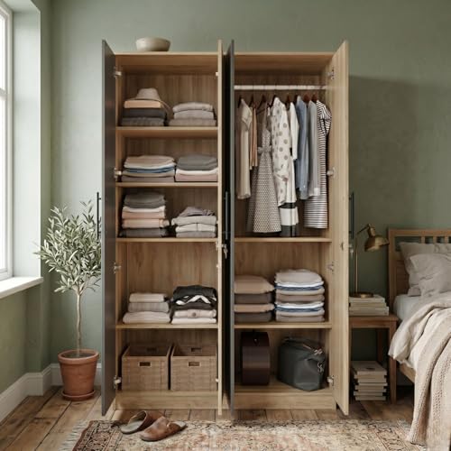 Image of FFO Tokyo 4 Door Wooden Wardrobe for Bedroom with Hanging Rod, Shelves & Lock | Modern Clothes Storage Almirah /Cabinet with Black & Milok Wood | Wardrobe Organizer for Clothes, Dresses DIY.