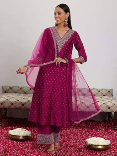 Image of Libas Woven Design Silk Blend A-Line Kurta With Trouser and Dupatta