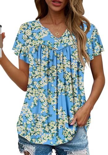 KISSMODA Tops for Womens Summer Cute Short Sleeve Shirts Trendy Notched Neck Blouses Casual Loose Pleated Tunics S-3Xl
