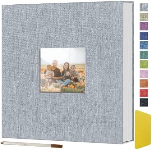 Photo Album Self Adhesive with Picture Display Window,DIY Scrapbook Album for 4x6-8x10 Picture,40 Pages Linen Fabric Cover Memory Book for Baby Wedding Family, with Scraping Plate and Metallic Pen