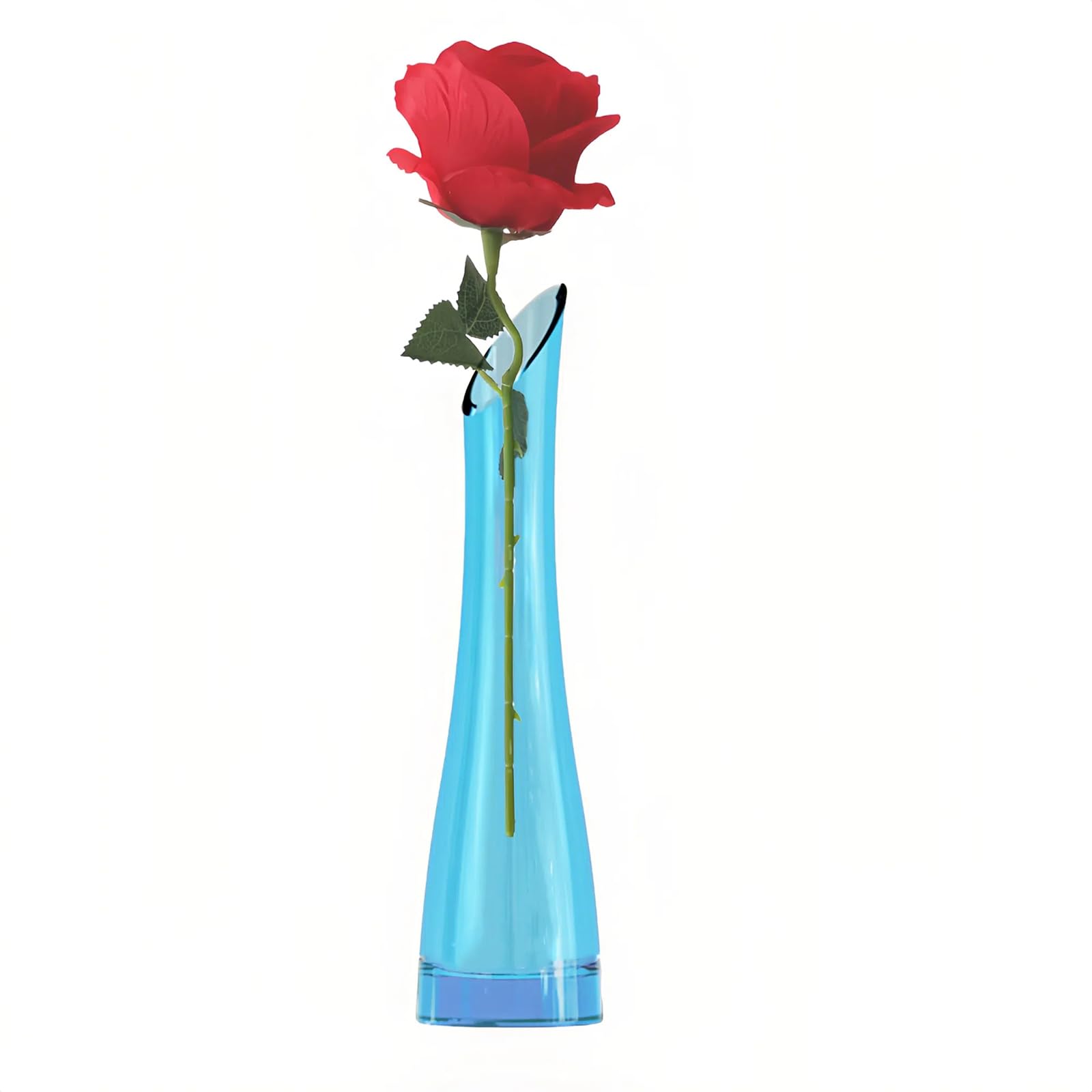 Jarrones de cristal con boca oblicua y tallo único, base pesada, decoración del hogar, oficina, boda, centro de mesa (azul, 23 cm de altura)