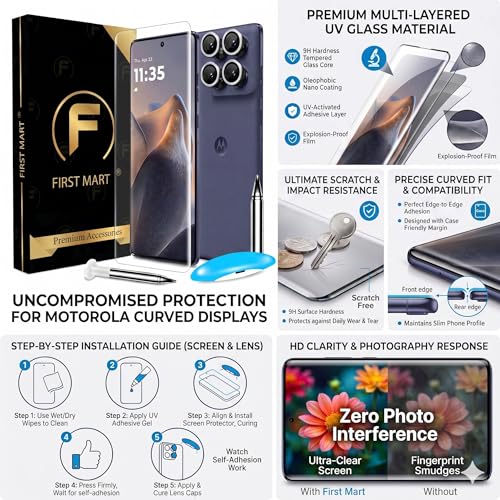 Image of FIRST MART UV Tempered Glass for Motorola Edge 60 Fusion With Silver Camera Ring Guard Combo | Crystal Clear Curved Screen Protector, Case-Friendly, Scratch Resistant | Pack of 1