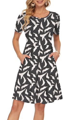 Image of AUSELILY Women's Short Sleeve Pleated Swing Summer Dress with Pockets | Knee-length short sleeve dress, empire waist & pockets, ideal for casual daily wear and vacation
