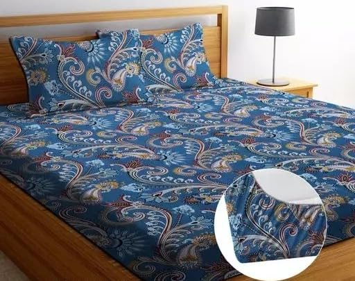 Premium Cotton-Blend Elastic Fitted Bedsheet with 2 Pillow Covers for Double Bed with All Around Elastic 192 TC Supersoft | Size - 72x78 Fit Upto 6 Inches Mattress Color Blue-image-16