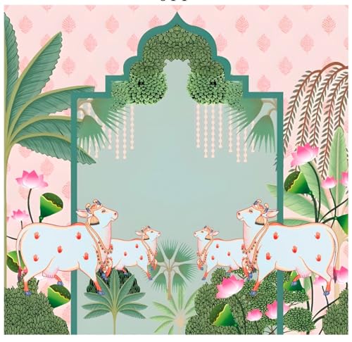 Image of Wedding Decoration Curtains for Background |Backdrop for Pooja | Wedding Haldi Functions Festival Decoration Cloth Pink Clour 8x8 feet (Small Four Cows) | Pooja Decorations Backdrop Cloth