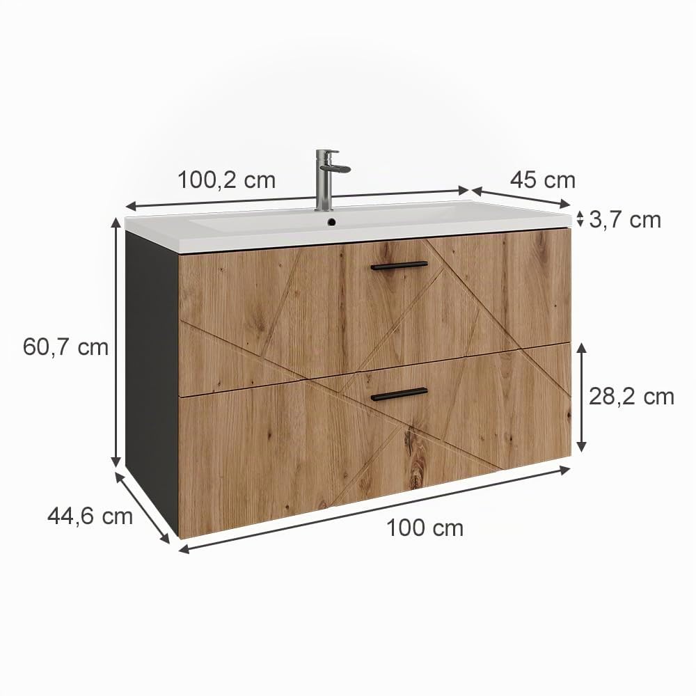 Vicco Conjunto de Muebles de baño Irma, Antracita/Roble Dorado, 100 cm | compuesto por mueble bajo de baño y lavabo