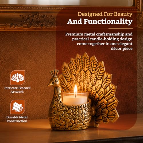 Image of Amazon Brand - Solimo Metal Gold Dancing Peacock with Scented Glass Votive Candle | Decorative Showpiece for Home & Puja | Table Decor | Diwali Gift & Festive Decoration (18.5 cm)