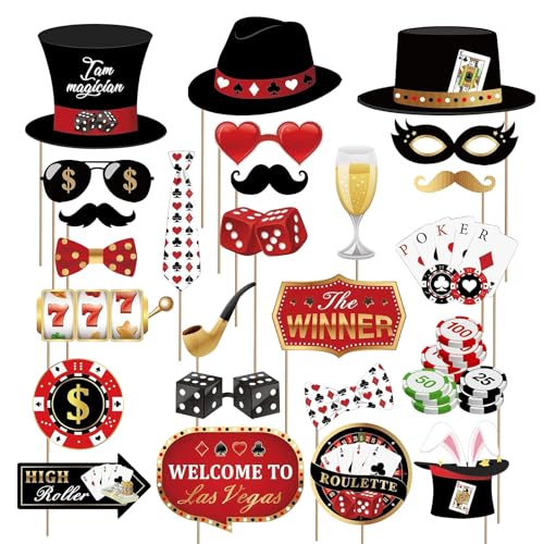 25 Stück Las Vegas Casino Foto Requisite Lustiges DIY Poker Thema Selfie Requisiten Kit Casino Deko Fotobox Party für Nachtparty Partydeko Zubehör