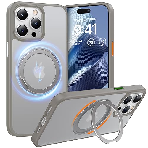 TORRAS Clear & Grey 360 Rotatable Magnetic Stand Case for iPhone 15 Pro