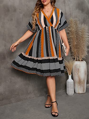 Floerns Women's Plus Size Wrap V Neck Short Sleeve Ruffle Hem A Line Short Dress Blue Polka Dots 3Xl #TOP4