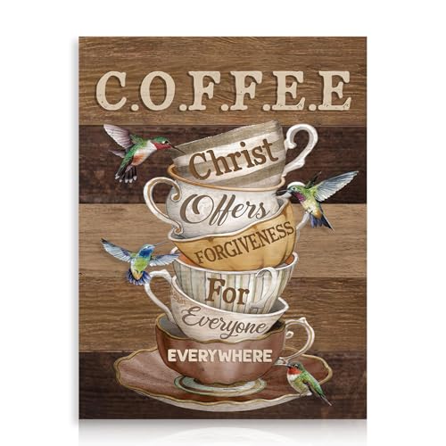 Image of Dazzlewall Vintage Rustic Coffee Cup Wall Art, Stacked Cups with Hummingbirds for Coffee Bar Kitchen Dining Room 12x16 in Unframed