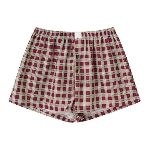 Image of Yuemengxuan Y2k Plaid Shorts Baggy Boxer Shorts for Women Elastic Waist Casual Lounge Bottom Gingham Pajama Shorts Sleepwear