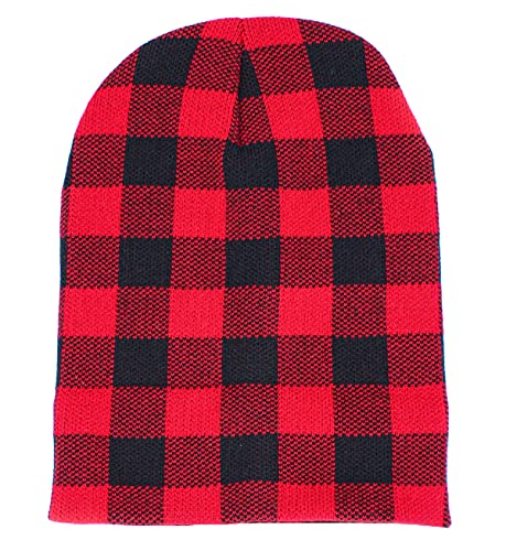 Kbw-285 Blk-Red Classic Men's Women's Cuffed Folded Acrylic Knit Beanie Hat Buffalo Plaid Solid Unisex Cold (One Size, Black Red Buffalo Plaid) #TOP3