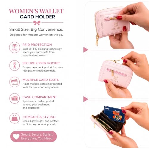 Image of Storite RFID Blocking PU Leather Card Holder Wallet for Women | 9 Slots Accordion Credit Card Case with 2 Money Compartments & Zipper Coin Pocket | Slim Travel Card Organizer Mini Purse(Light Pink)