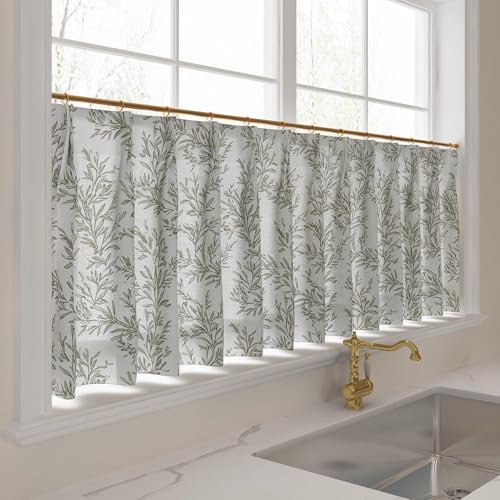 Image of TWOPAGES Pinch Pleat Leaf Print Cafe Curtains, Dove Grey, 52W x 36L