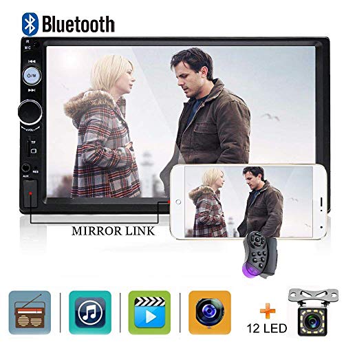 Car Stereo Double Din Car Radio 7 Inch HD Player MP5 Touch Screen Digital Display Bluetooth Multimedia 2 Din FM Radio Receiver AUX In USB TF Card Input Mobile Mirror Link with 12 LED Car Backup Camera