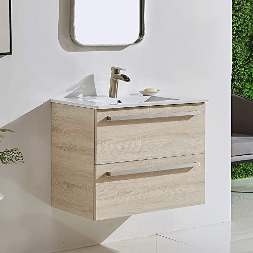ENGELCH Modern Wall Mounted Bathroom Vanity, 29\" Greyish 2 Drawers Floating Bathroom Vanity, Storage Cabinet with White Ceramic Vessel Basin Top Vanity Sink Combo