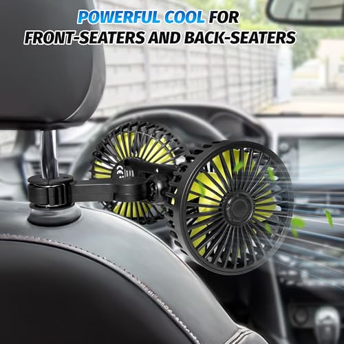USB Car Cooling Fans for Backseat, Dual Head Car Fan for Kids 3 Speeds 360°Rotatable Vehicle Rear Headrest Fans 5V Powerful Electric Air Circulation Fan with Adjustable Clip for Sedan SUV RV Truck - Thumbnail 3