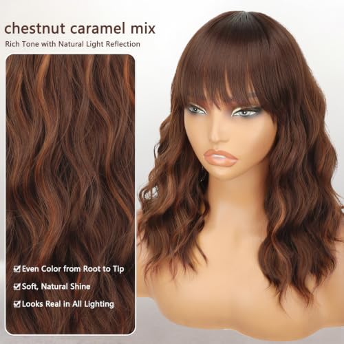 Image of Nnzes Brown Wigs for Women 16 Inch Synthetic Short Curly Wig with Bangs