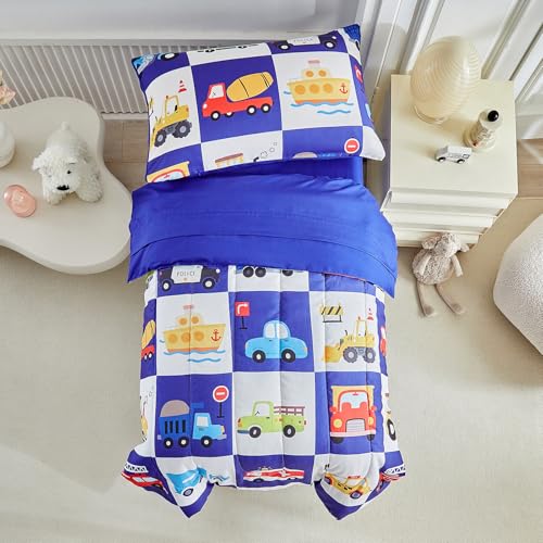 Image of White Navy Toddler Bedding Set for Boys Girls Colorful Cars Vehicle Auto Fire Engine Bulldozer 4PC Toddler Bed Set - Soft Cute Toddler Plaid Patchwork Bed in a Bag with Sheet Set and Pillow Shams