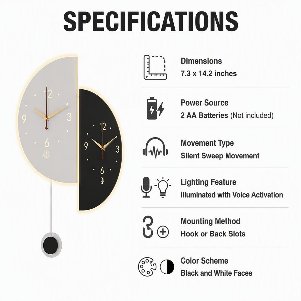 Orologio da Parete angolare con Luce, Orologio Luminoso bifacciale per Soggiorno, Camera da Letto e Ufficio. (7.3 * 14.2in)