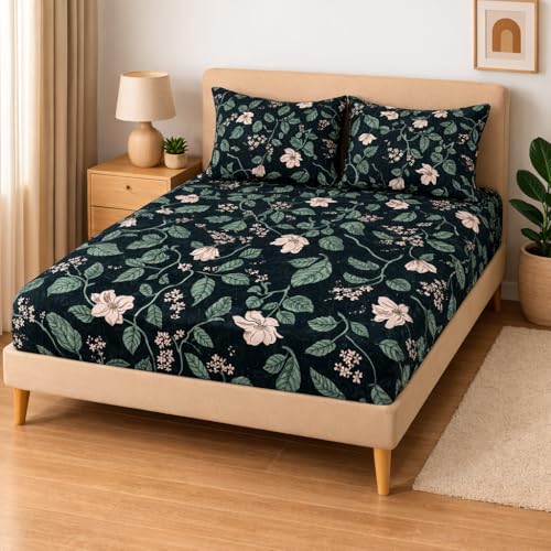 Image of Rome Warm Flannel Fitted Bedsheet with 2 Pillow Covers - 155 GSM Soft Bedsheet Set with Elastic Deep Pocket 90x100+10 Inches for Double Bed, AC Room & All Season Comfort -Green