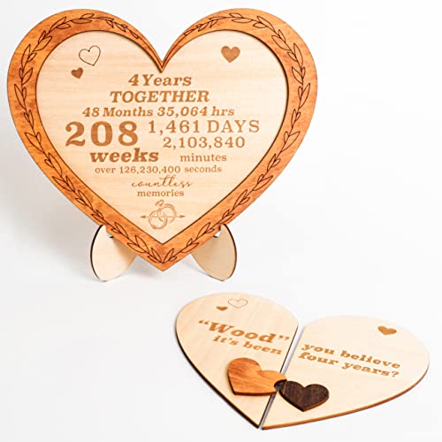 Stofinity 4 Year Anniversary Wood Gifts For Him Her - 4Th Wedding Anniversary Wooden Gifts For Husband Wife, Four Years Married Anniversary For Couples, Fourth Year Gift Wood Heart Plaque Decoration #TOP4