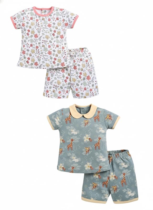 Image of BABY GO Baby Boys & Baby Girls Clothing Set | Summer Co-Ord Set for Baby | Printed 100% Cotton Half Sleeve T-Shirt & Shorts Combo | Soft Cotton Casual Wear Outfit for Infants & Toddlers Pack of 2