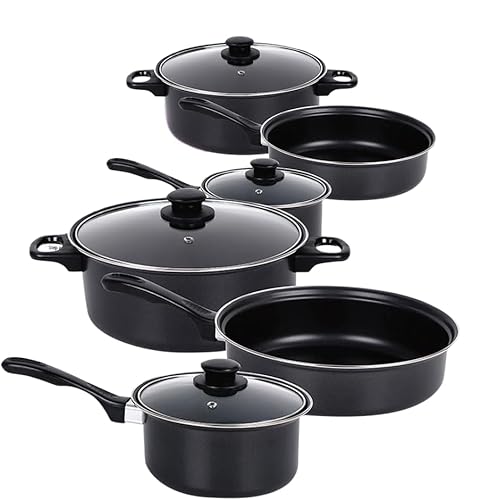 5 Piece Carbon Steel Cookware Set with Lids & Bakelite Handle - Non Stick Cooking Saucepans Pot & Frying Pans | Suitable for Gas, Electric, Halogen & Solid Hotplates - Tempered Glass Lid, Black