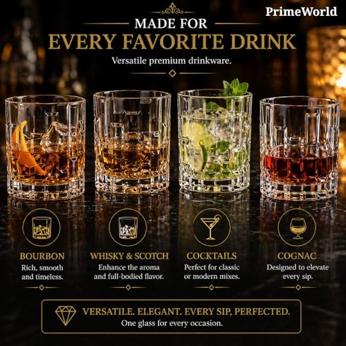 Image of PrimeWorld Premium Bricks European Crystal Whiskey Glasses Set of 6 pcs- 320 ml Bar Glass for Drinking Bourbon, Whisky, Scotch, Cocktails, Cognac- Old Fashioned Cocktail Tumblers