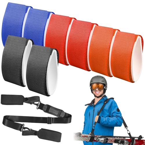8 bandas de fijación para esquís, 5 x 45 cm, ajustables, de EVA, con almohadilla protectora para accesorios de esquí (negro, azul, naranja y rojo)