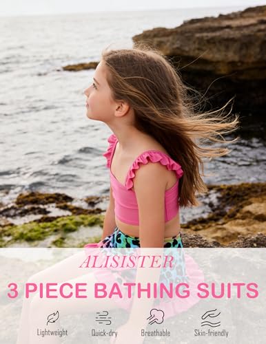 Image of ALISISTER Girls Swimsuit 3 Piece Bathing Suits Summer Bikini Tankini Sets with Cover Up Skirt for 4-12 Years
